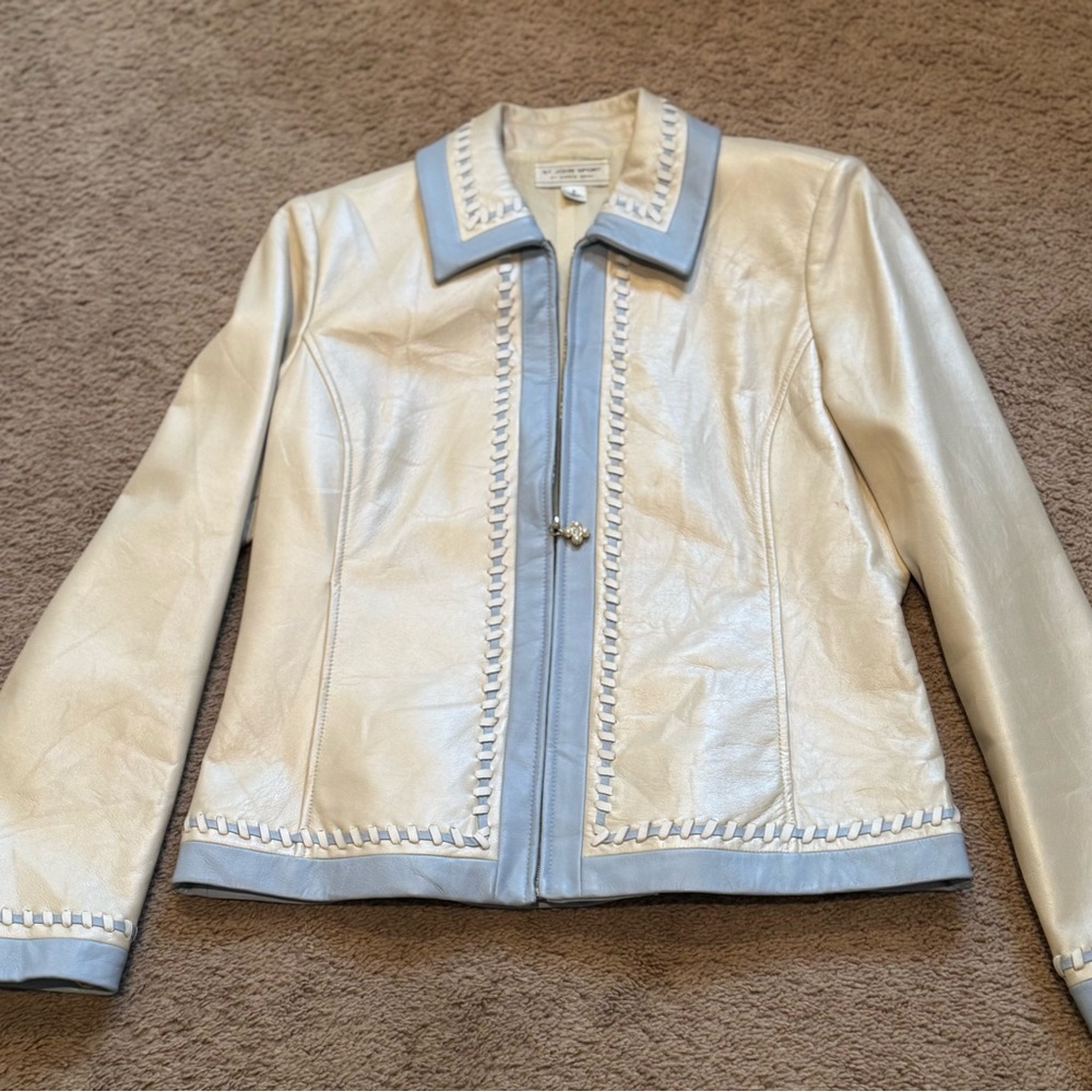 St. John Sport by Marie Gray Cream and Blue Leather Jacket